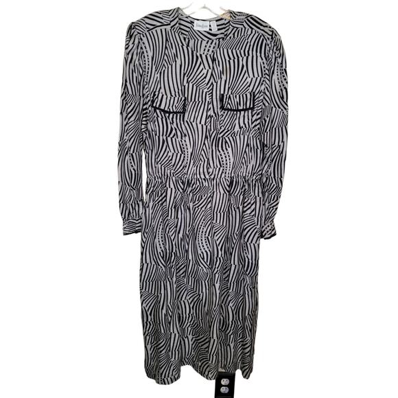 Vintage Neiman Marcus Midi Dress Zebra Print Long Sleeve Elastic Waist Size 12 - Picture 1 of 10